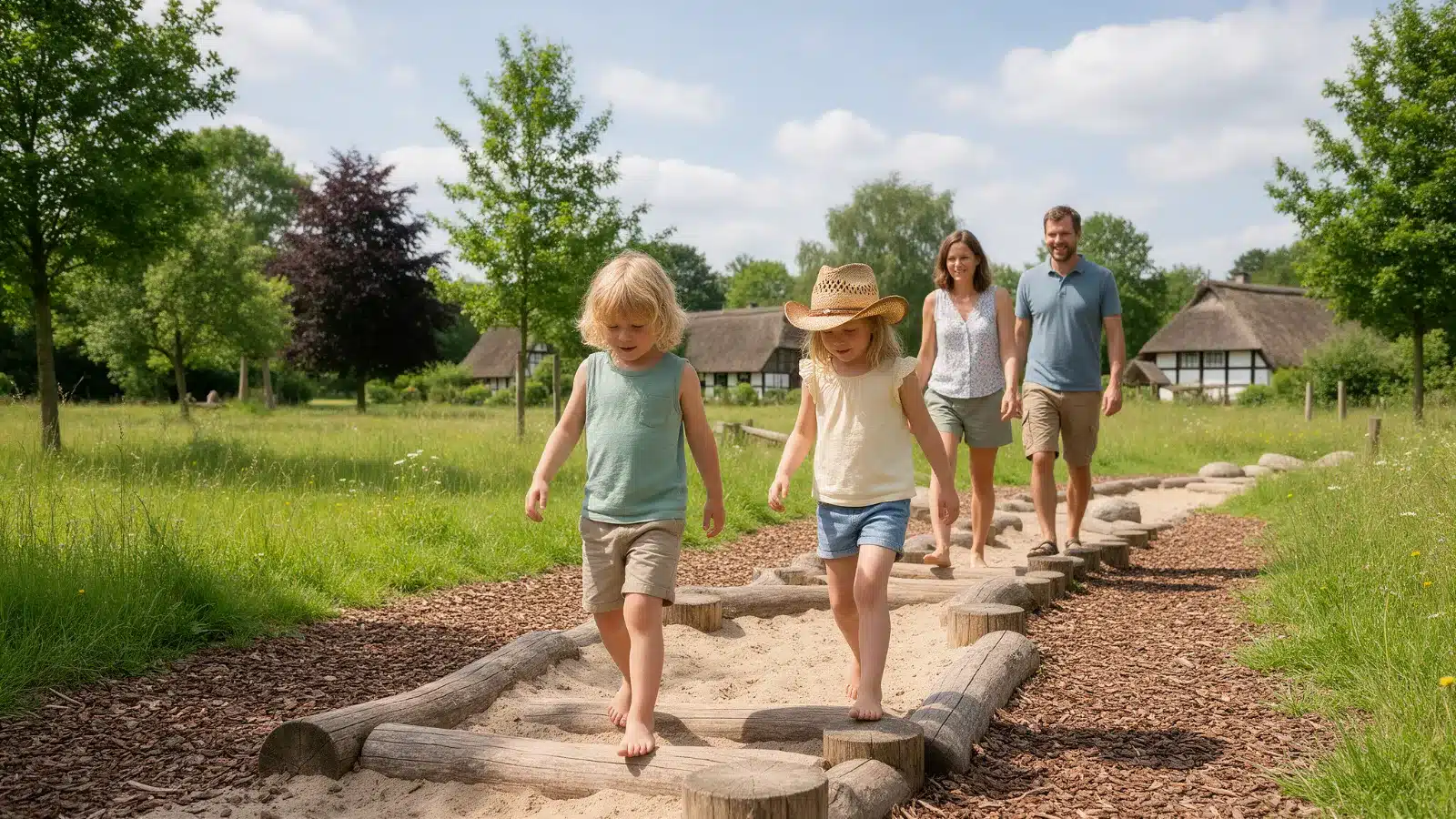 Karl-May-Spiele Bad Segeberg mit Kindern: Familie auf dem Barfußpfad im Barfußland bei Bad Segeberg