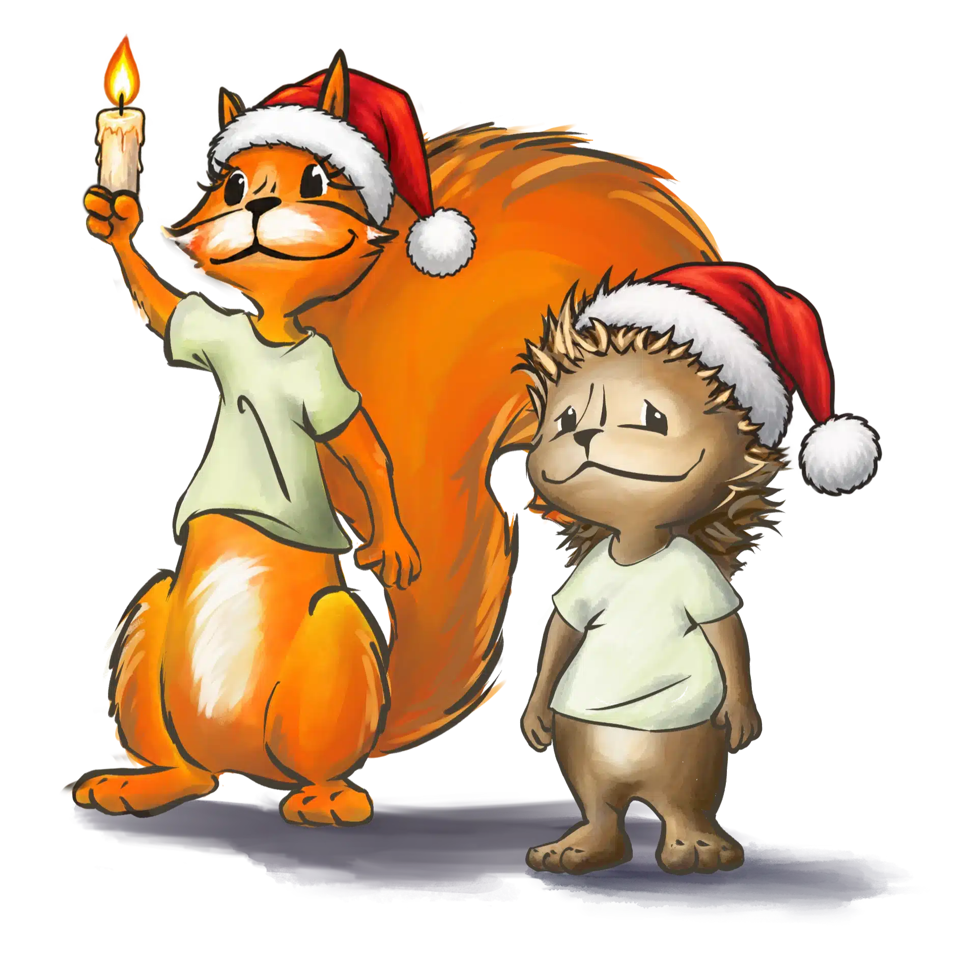 Eichhörnchen und Igel mit Weihnachtsmützen im Barfußland